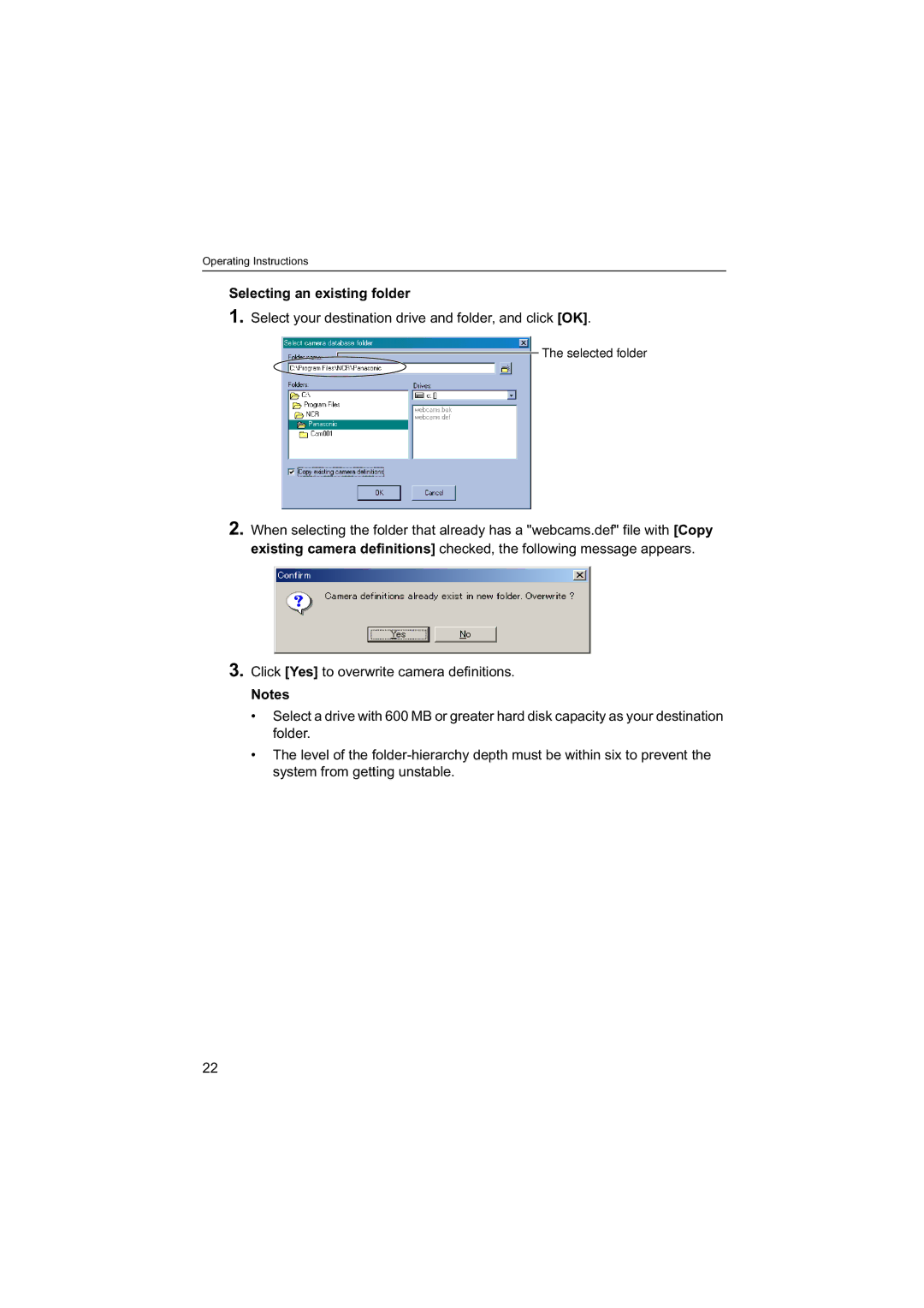 Panasonic BB-HNP60 Selecting an existing folder, Select your destination drive and folder, and click OK 