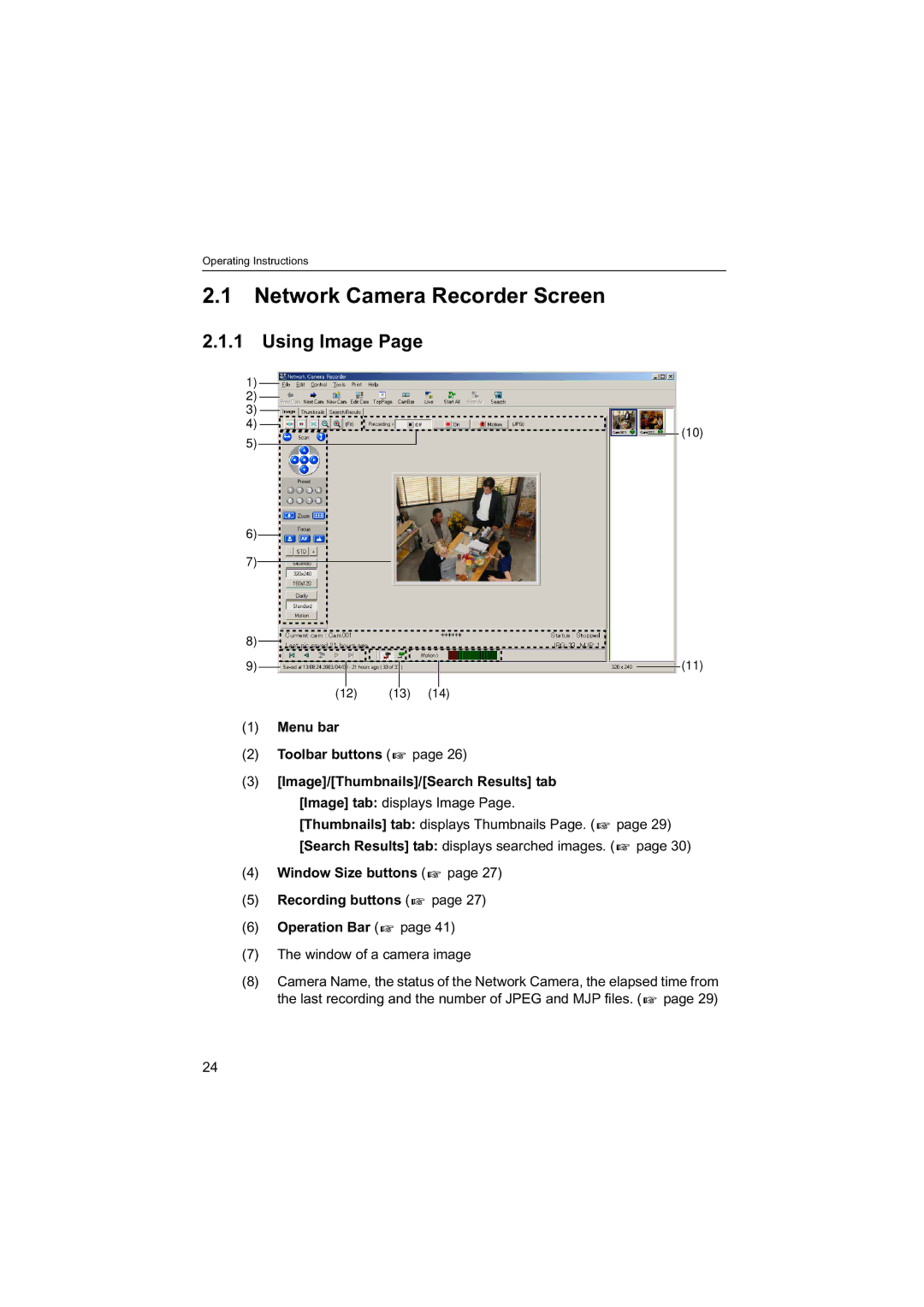 Panasonic BB-HNP60 Network Camera Recorder Screen, Using Image, Window Size buttons Recording buttons Operation Bar 