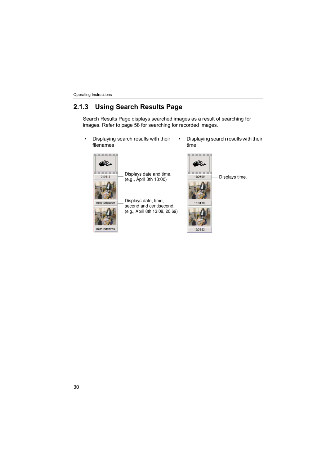 Panasonic BB-HNP60 operating instructions Using Search Results, Filenames Time 