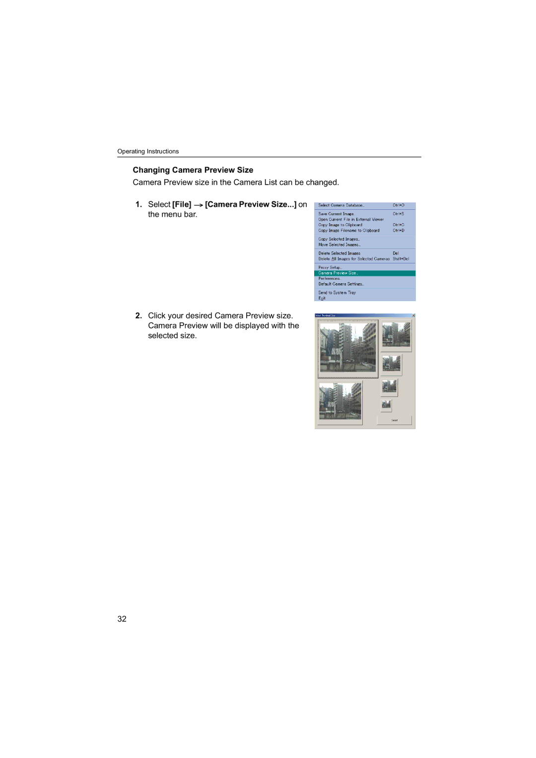 Panasonic BB-HNP60 operating instructions Changing Camera Preview Size, Select File Camera Preview Size... on the menu bar 