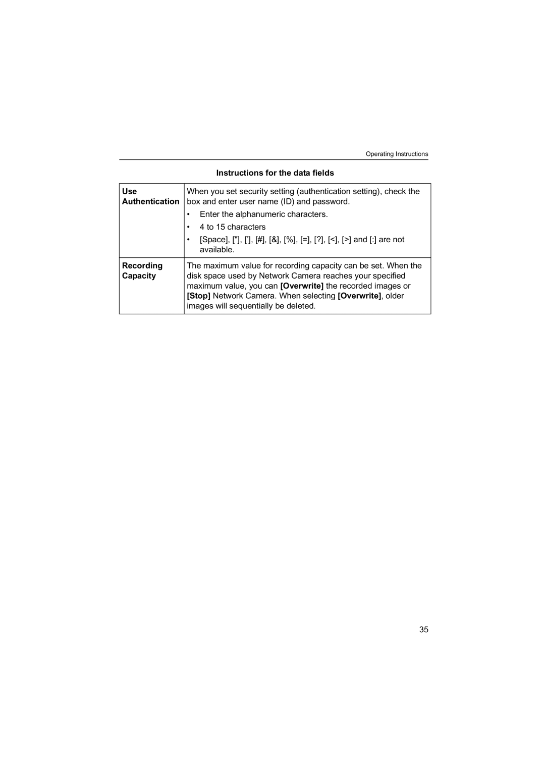 Panasonic BB-HNP60 operating instructions Instructions for the data fields Use, Authentication, Recording, Capacity 