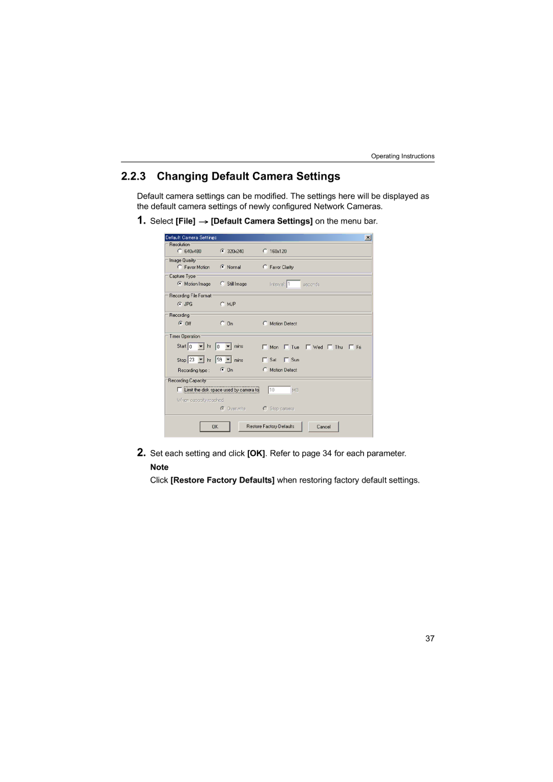 Panasonic BB-HNP60 Changing Default Camera Settings, Select File Default Camera Settings on the menu bar 