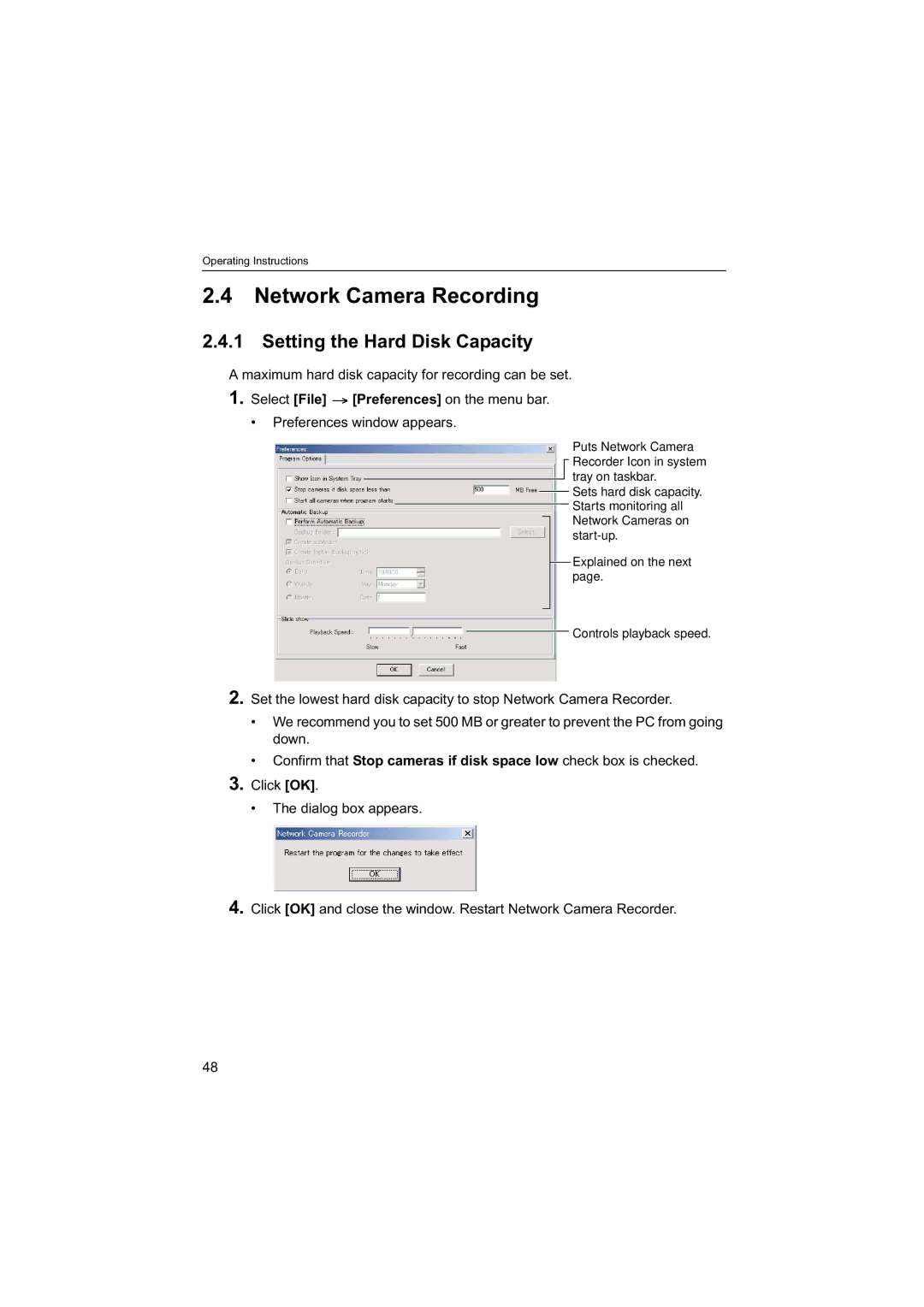 Panasonic BB-HNP60 operating instructions Network Camera Recording, Setting the Hard Disk Capacity 