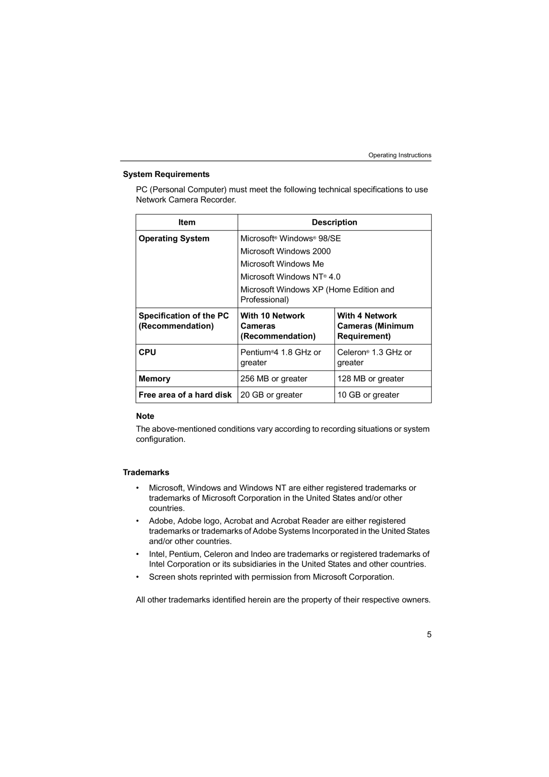 Panasonic BB-HNP60 operating instructions System Requirements, Description, Operating System, Trademarks 