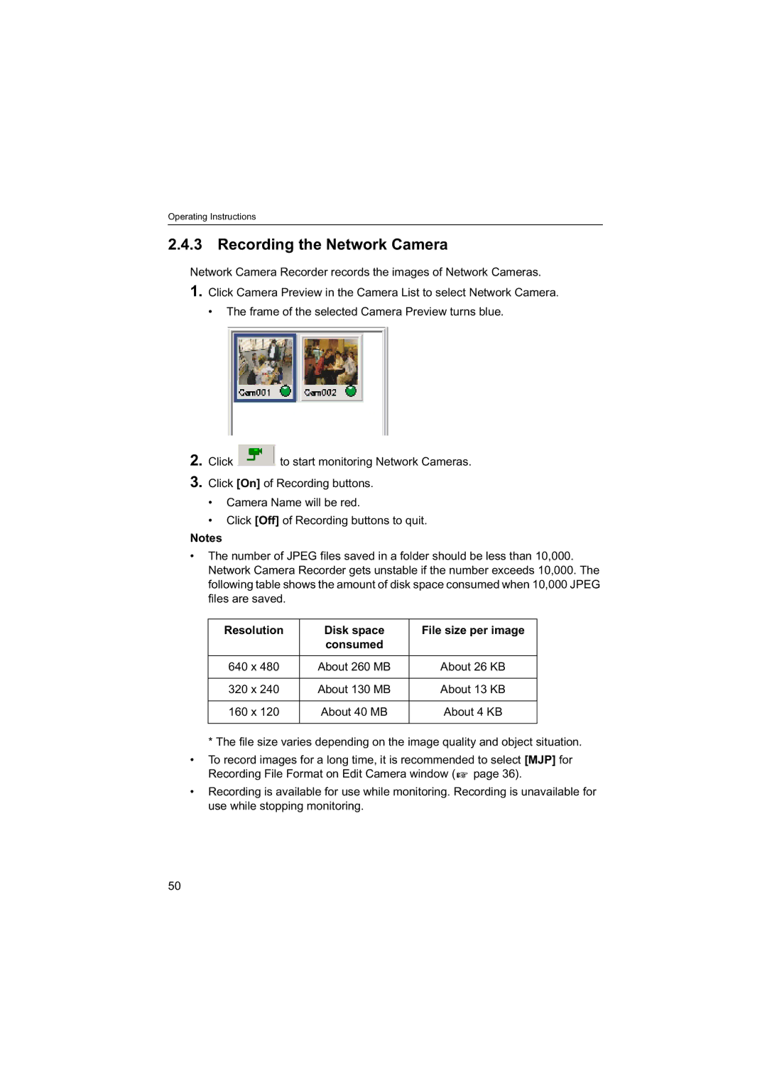 Panasonic BB-HNP60 operating instructions Recording the Network Camera, Resolution Disk space File size per image 