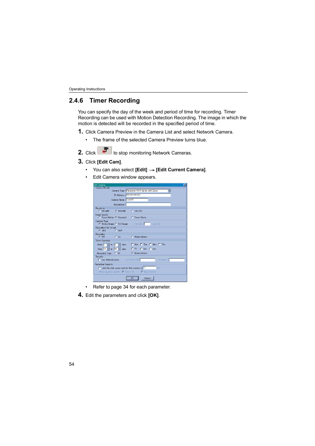 Panasonic BB-HNP60 operating instructions Timer Recording, Click Edit Cam You can also select Edit Edit Current Camera 