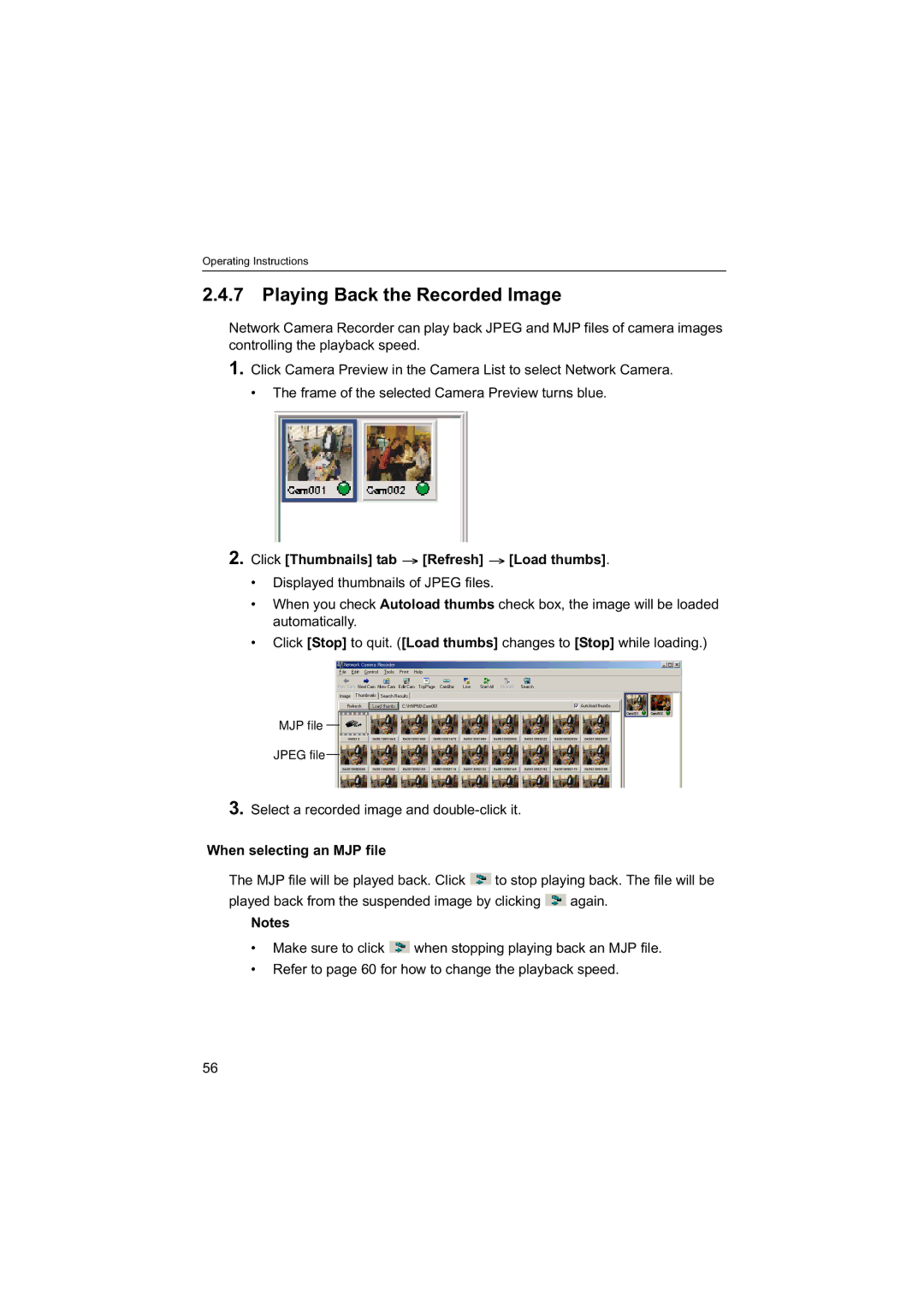 Panasonic BB-HNP60 Playing Back the Recorded Image, Click Thumbnails tab Refresh Load thumbs, When selecting an MJP file 