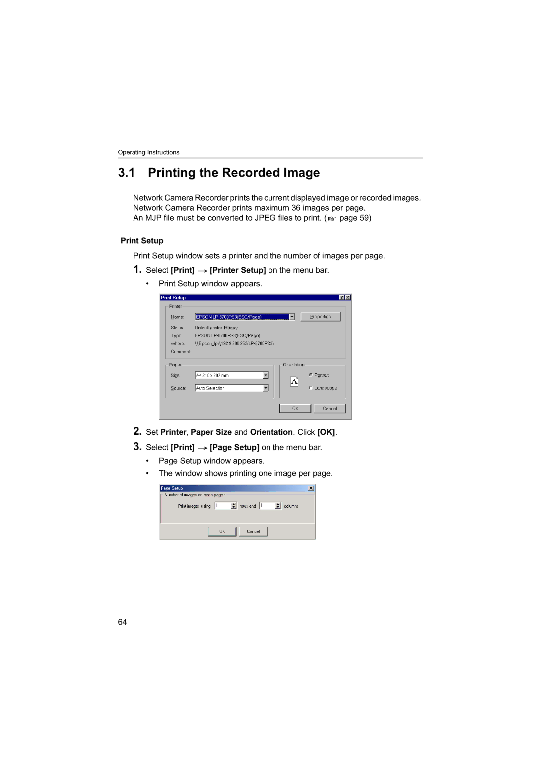 Panasonic BB-HNP60 Printing the Recorded Image, Print Setup, Select Print Printer Setup on the menu bar 