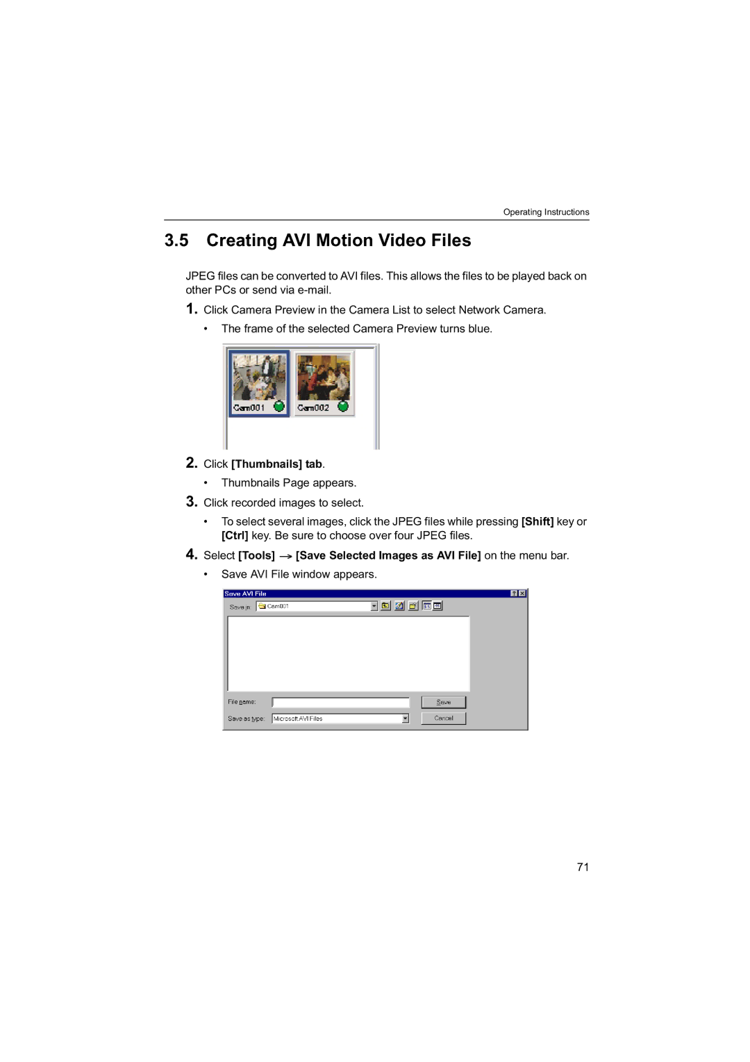 Panasonic BB-HNP60 operating instructions Creating AVI Motion Video Files, Click Thumbnails tab 