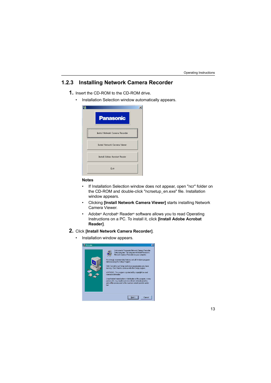 Panasonic BB-HNP60 operating instructions Installing Network Camera Recorder, Click Install Network Camera Recorder 