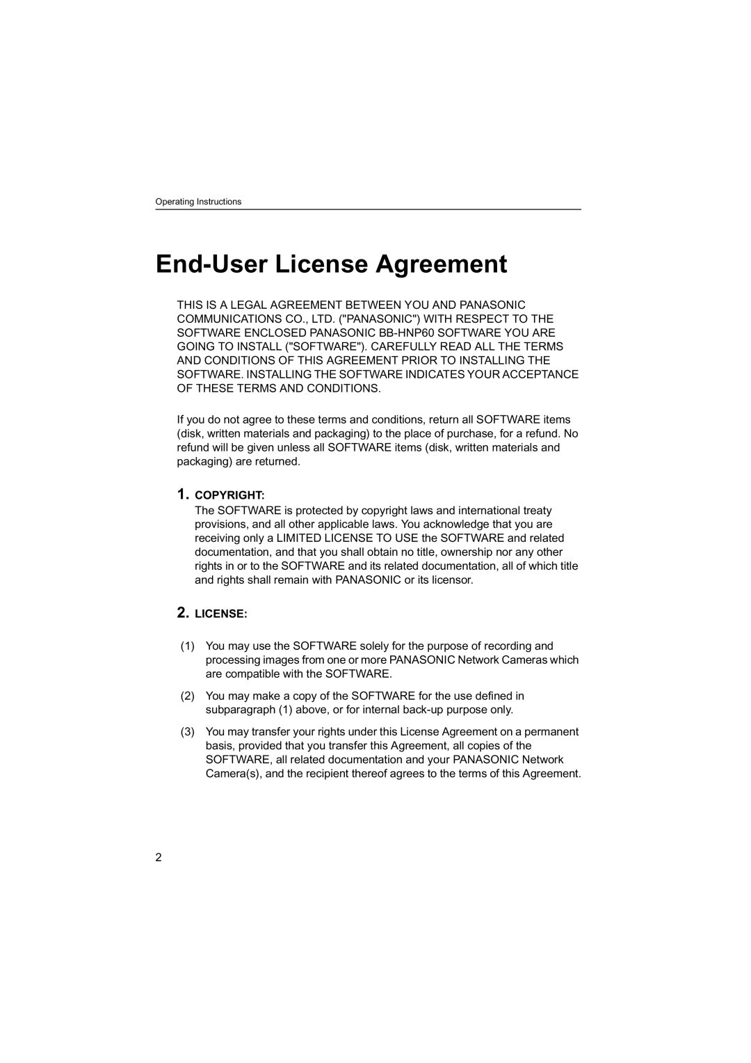 Panasonic BB-HNP60 operating instructions End-User License Agreement 