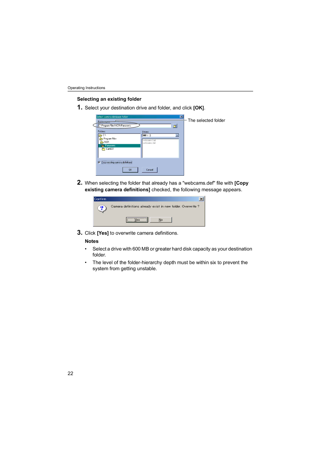 Panasonic BB-HNP60 Selecting an existing folder, Select your destination drive and folder, and click OK 