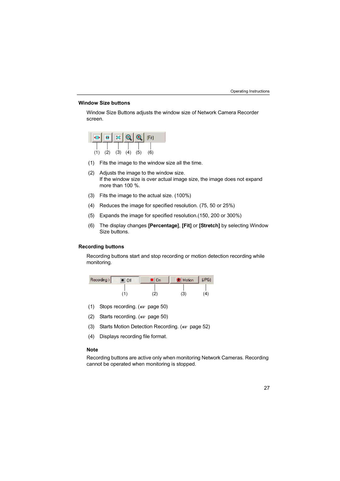 Panasonic BB-HNP60 operating instructions Window Size buttons, Recording buttons 