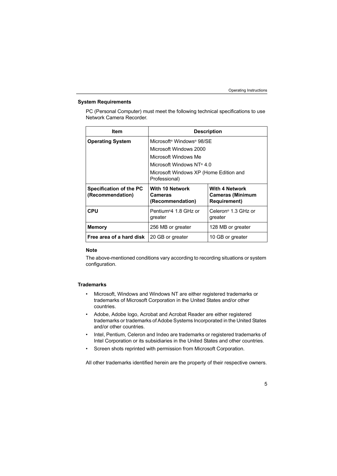 Panasonic BB-HNP60 operating instructions System Requirements, Description, Operating System, Trademarks 