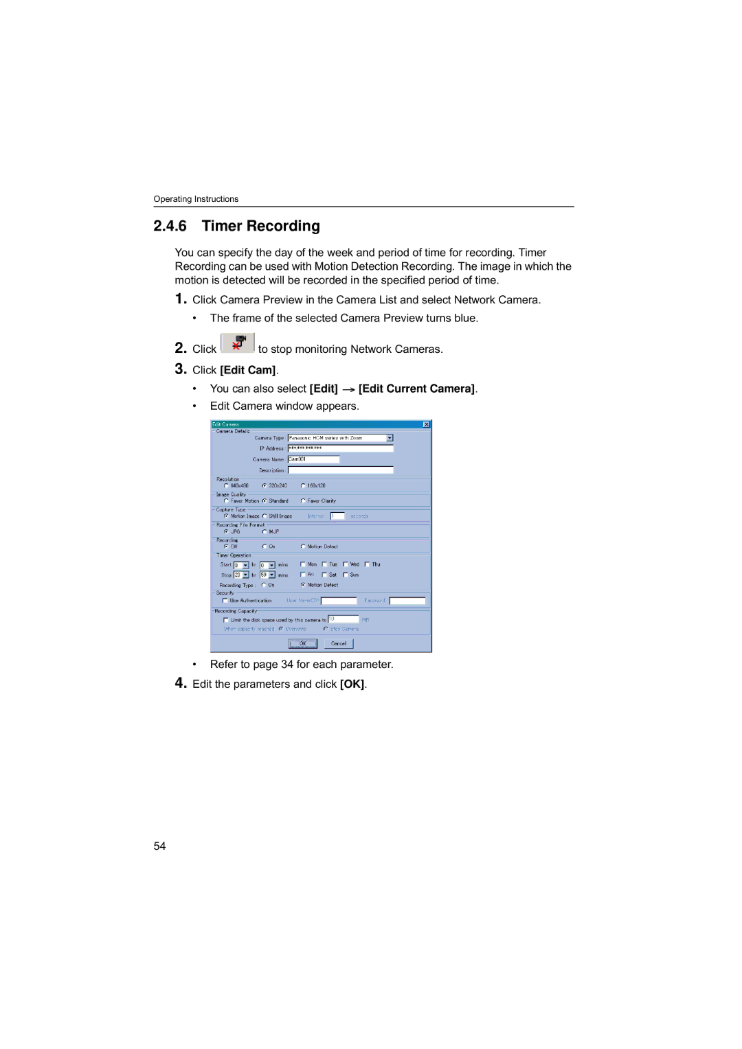 Panasonic BB-HNP60 operating instructions Timer Recording, Click Edit Cam You can also select Edit Edit Current Camera 