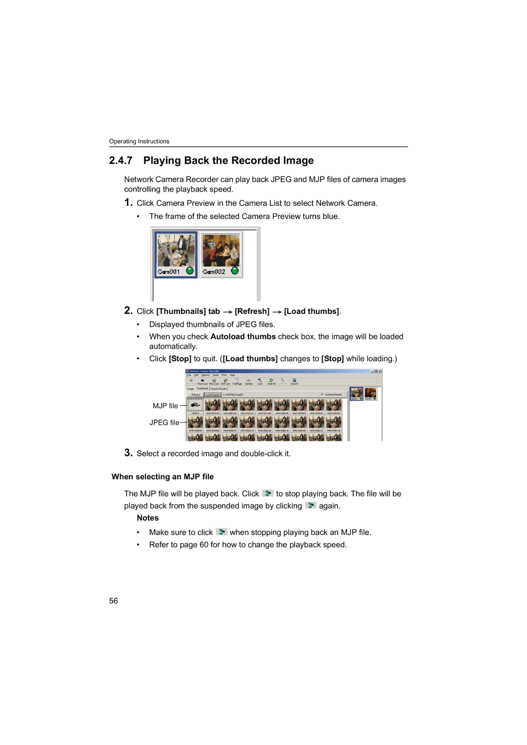 Panasonic BB-HNP60 Playing Back the Recorded Image, Click Thumbnails tab Refresh Load thumbs, When selecting an MJP file 