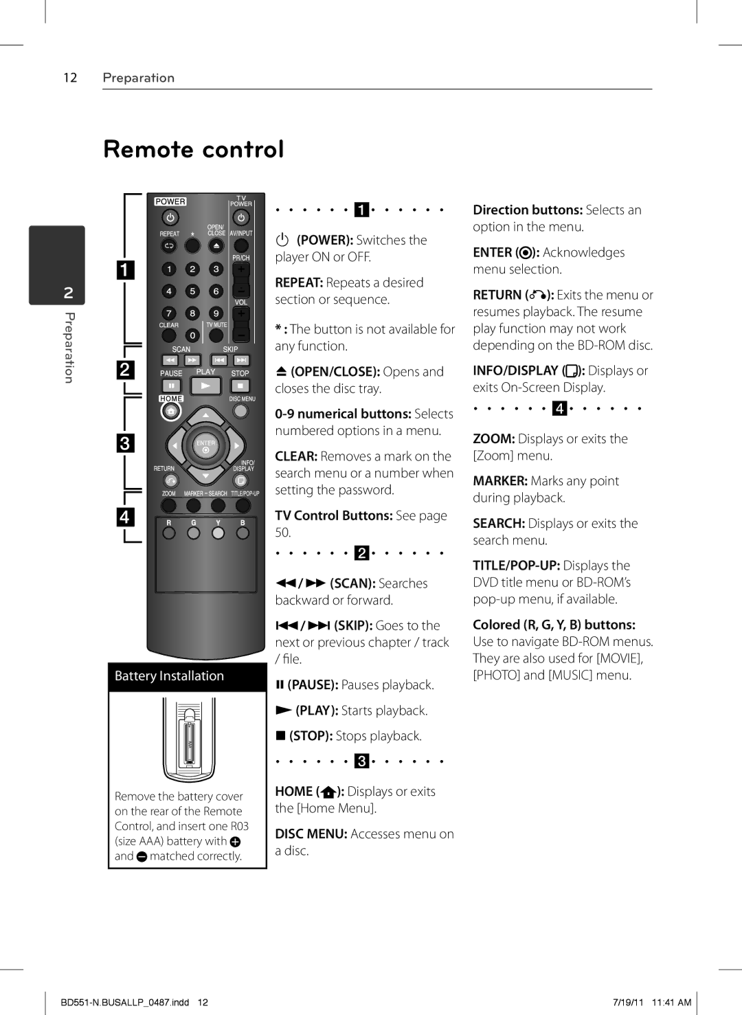 Panasonic BD611 owner manual Remote control, BOPEN/CLOSE Opens and closes the disc tray, TV Control Buttons See 