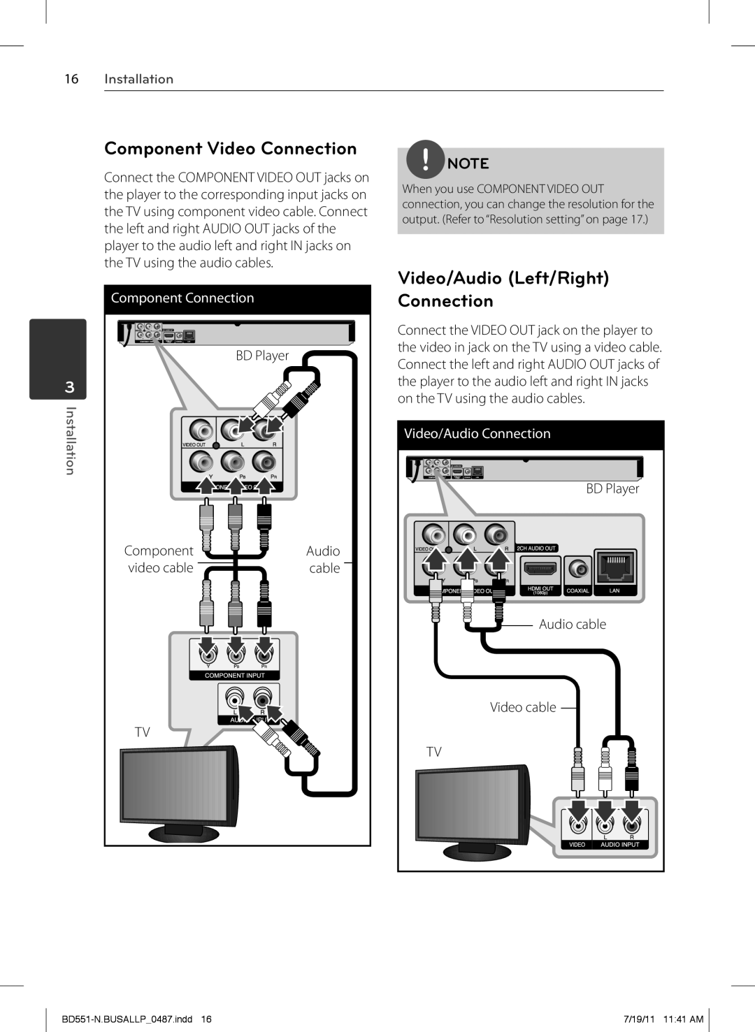 Panasonic BD611 Component Video Connection, Video/Audio Left/Right Connection, Component Audio Video cable Cable 