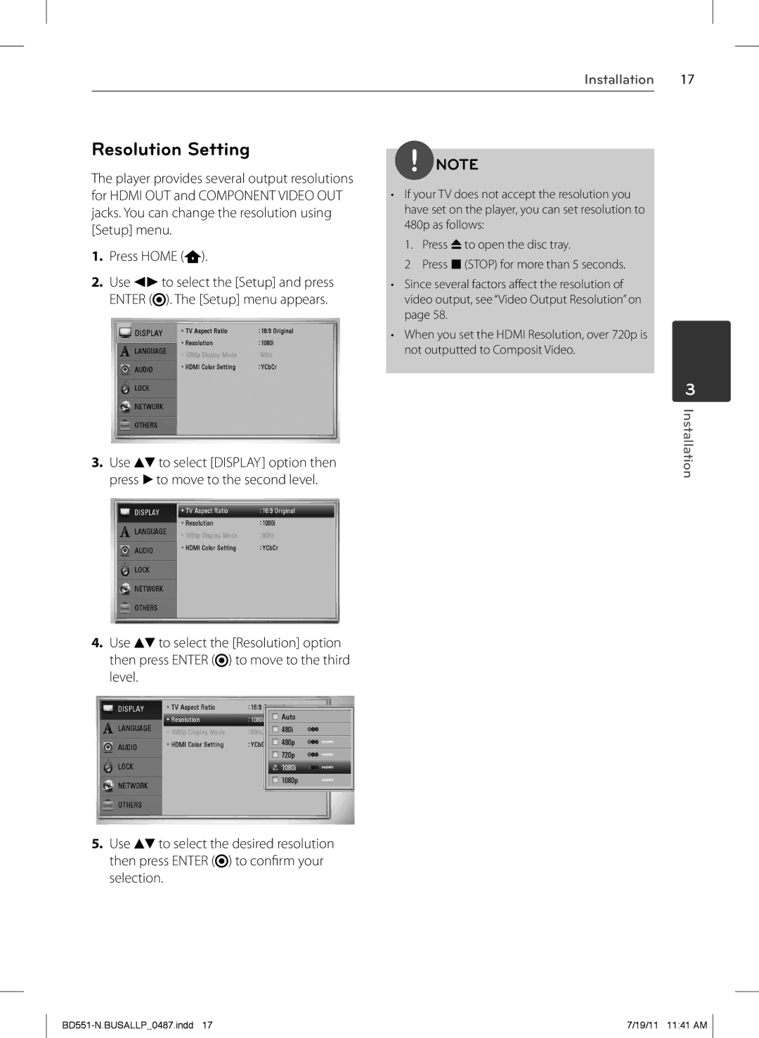 Panasonic BD611 owner manual Resolution Setting 