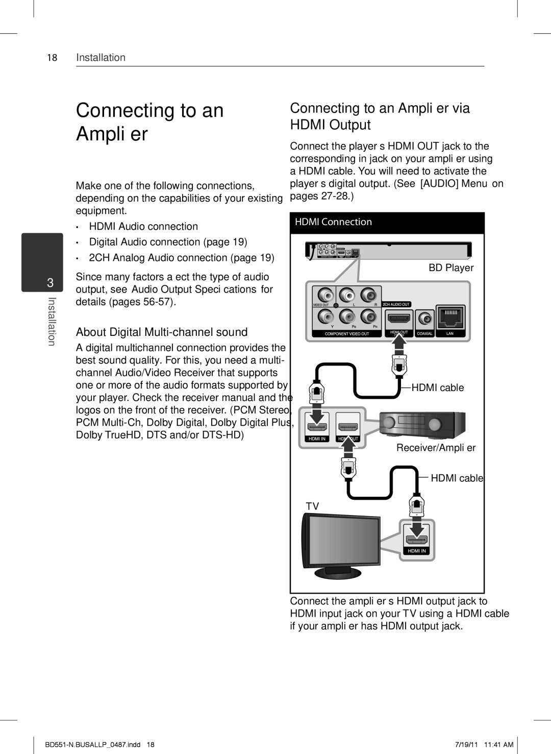 Panasonic BD611 Connecting to an Amplifier via Hdmi Output, About Digital Multi-channel sound, Details pages 