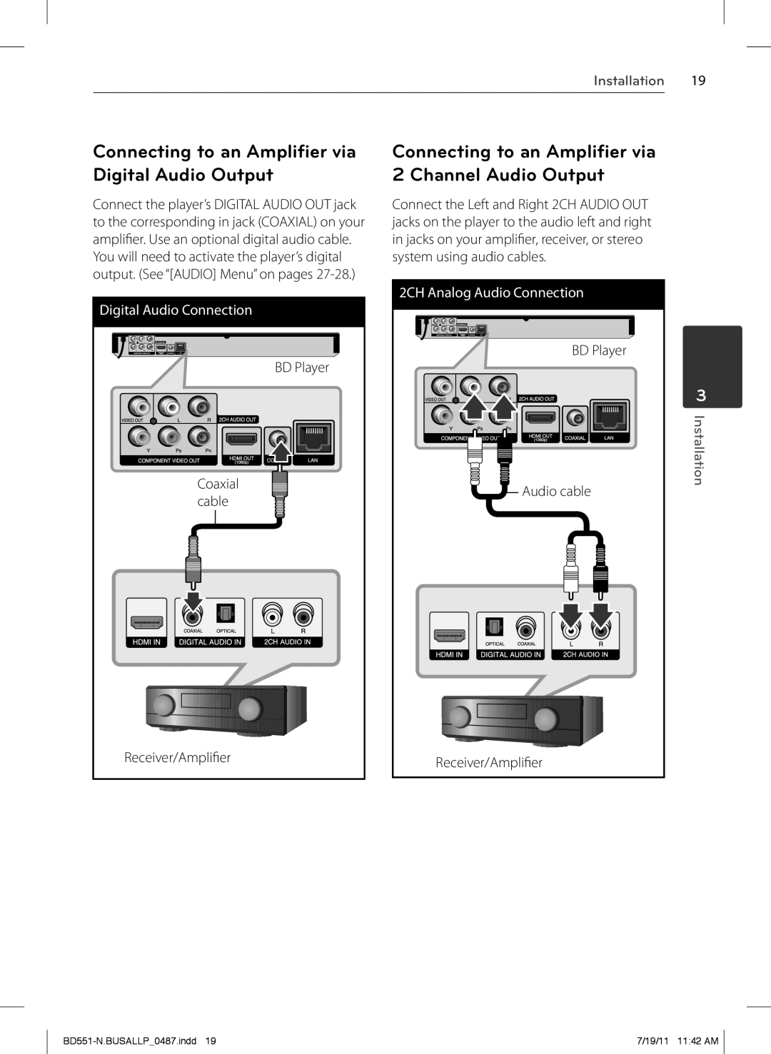 Panasonic BD611 Connecting to an Amplifier via Digital Audio Output, Connecting to an Amplifier via 2 Channel Audio Output 