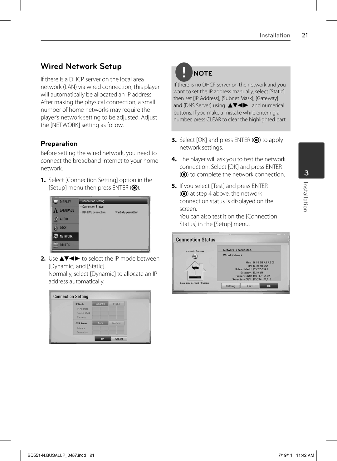 Panasonic BD611 owner manual Wired Network Setup, Preparation, Select OK and press Enter to apply network settings 