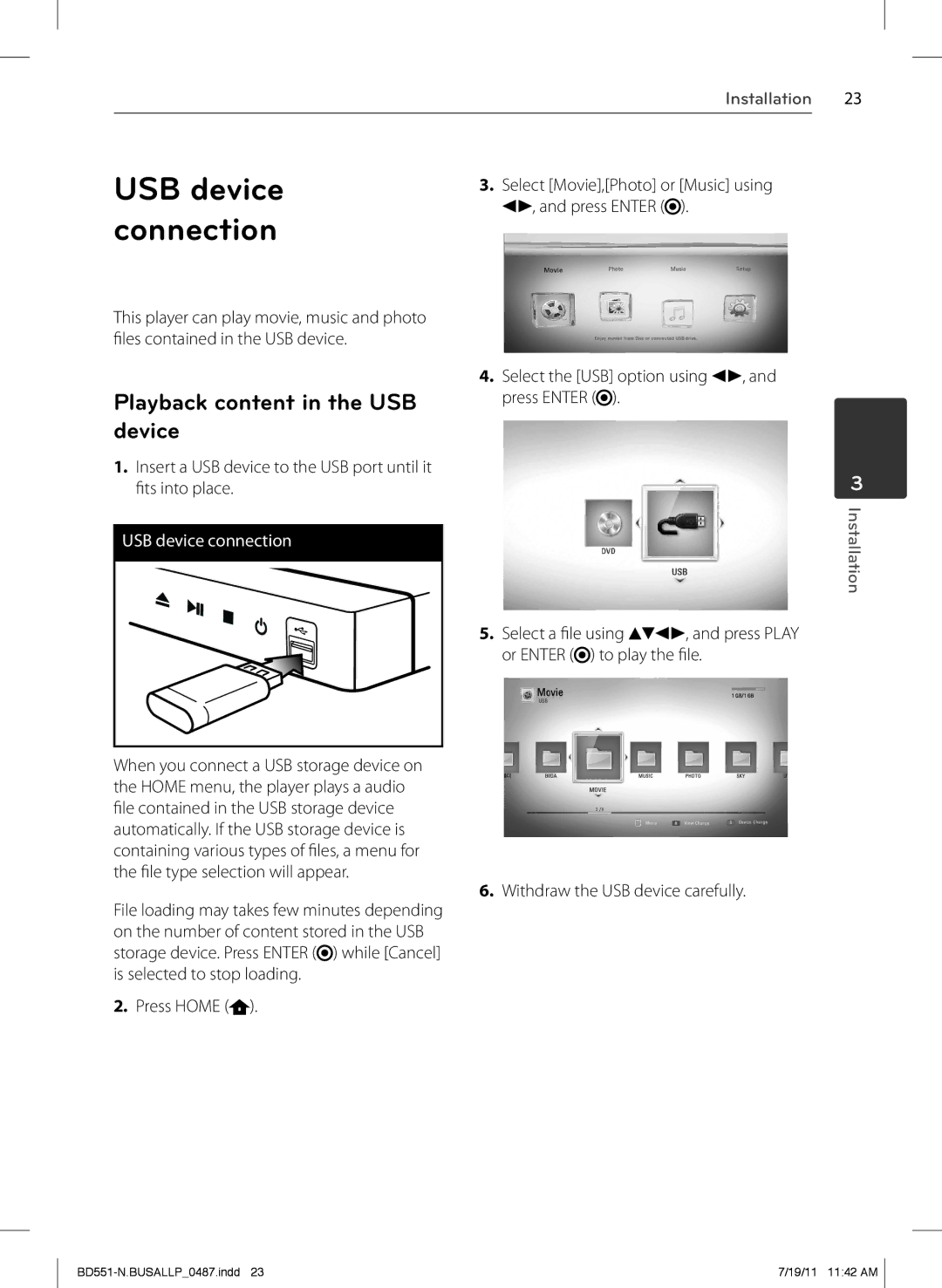 Panasonic BD611 owner manual USB device, Connection, Playback content in the USB, Device, Press Enter 