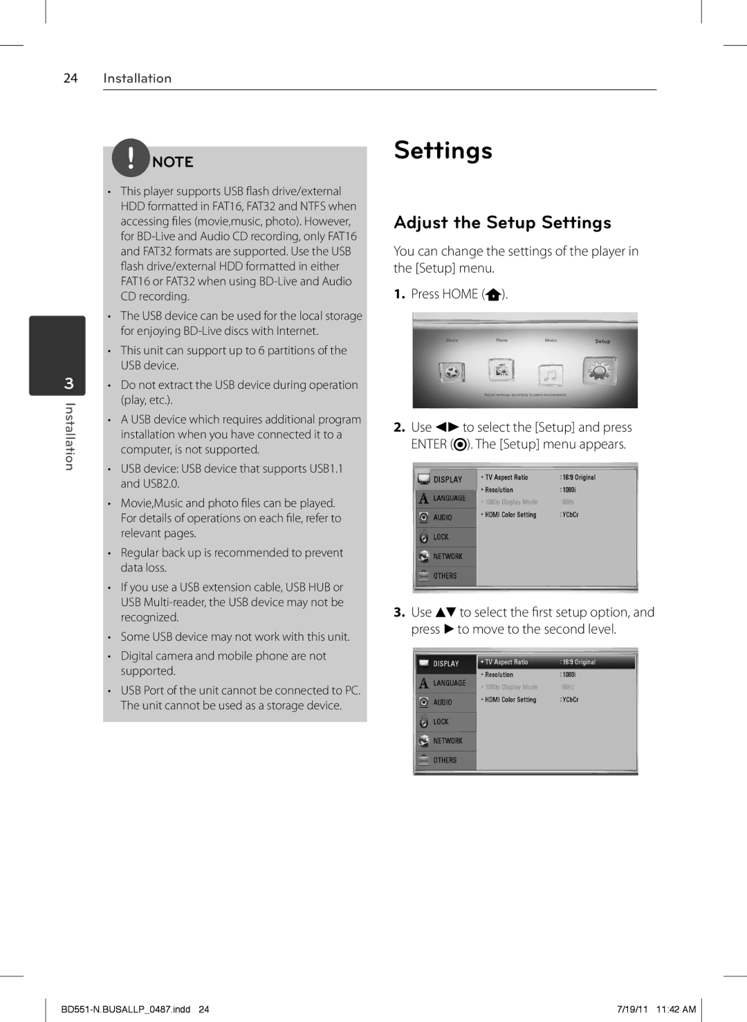 Panasonic BD611 owner manual Adjust the Setup Settings 