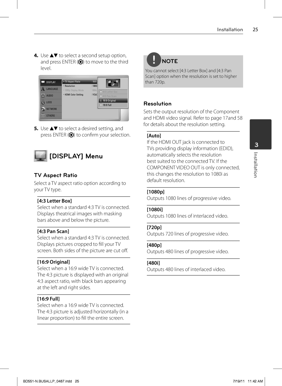 Panasonic BD611 owner manual Display Menu, TV Aspect Ratio, Resolution 