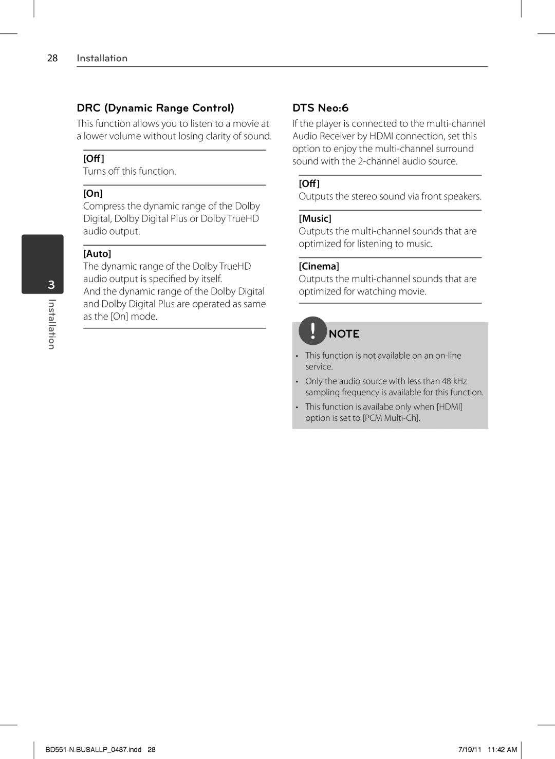 Panasonic BD611 owner manual DRC Dynamic Range Control, DTS Neo6, Off, Music, Cinema 