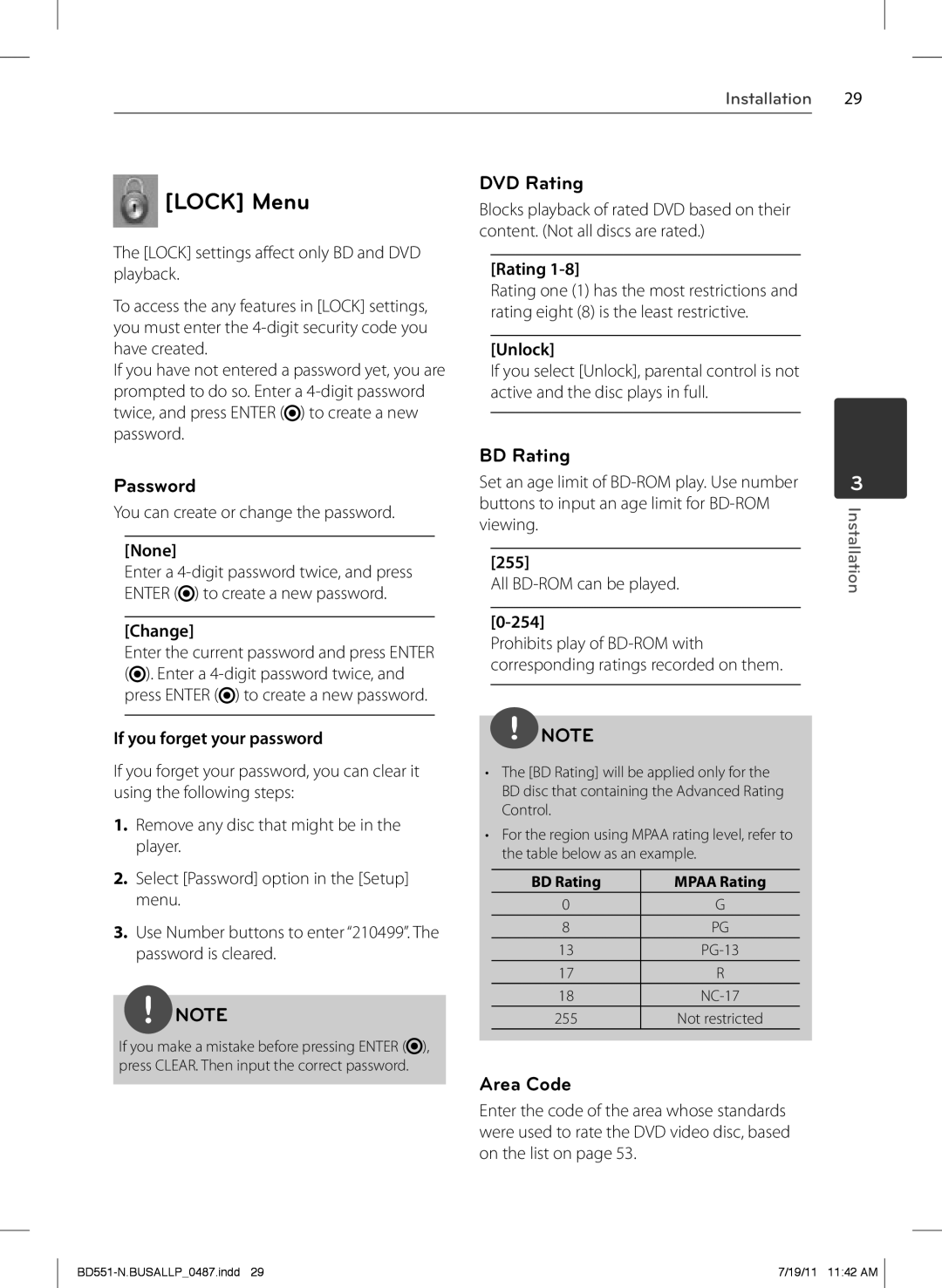 Panasonic BD611 owner manual Lock Menu, Password, DVD Rating, BD Rating, Area Code 