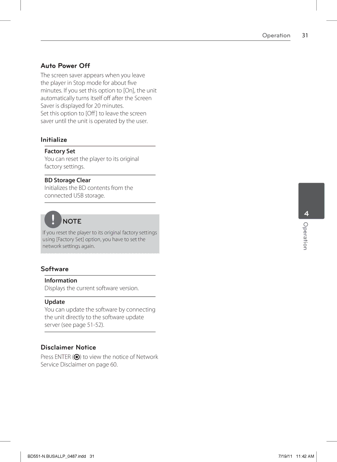 Panasonic BD611 owner manual Auto Power Off, Initialize, Software, Disclaimer Notice 