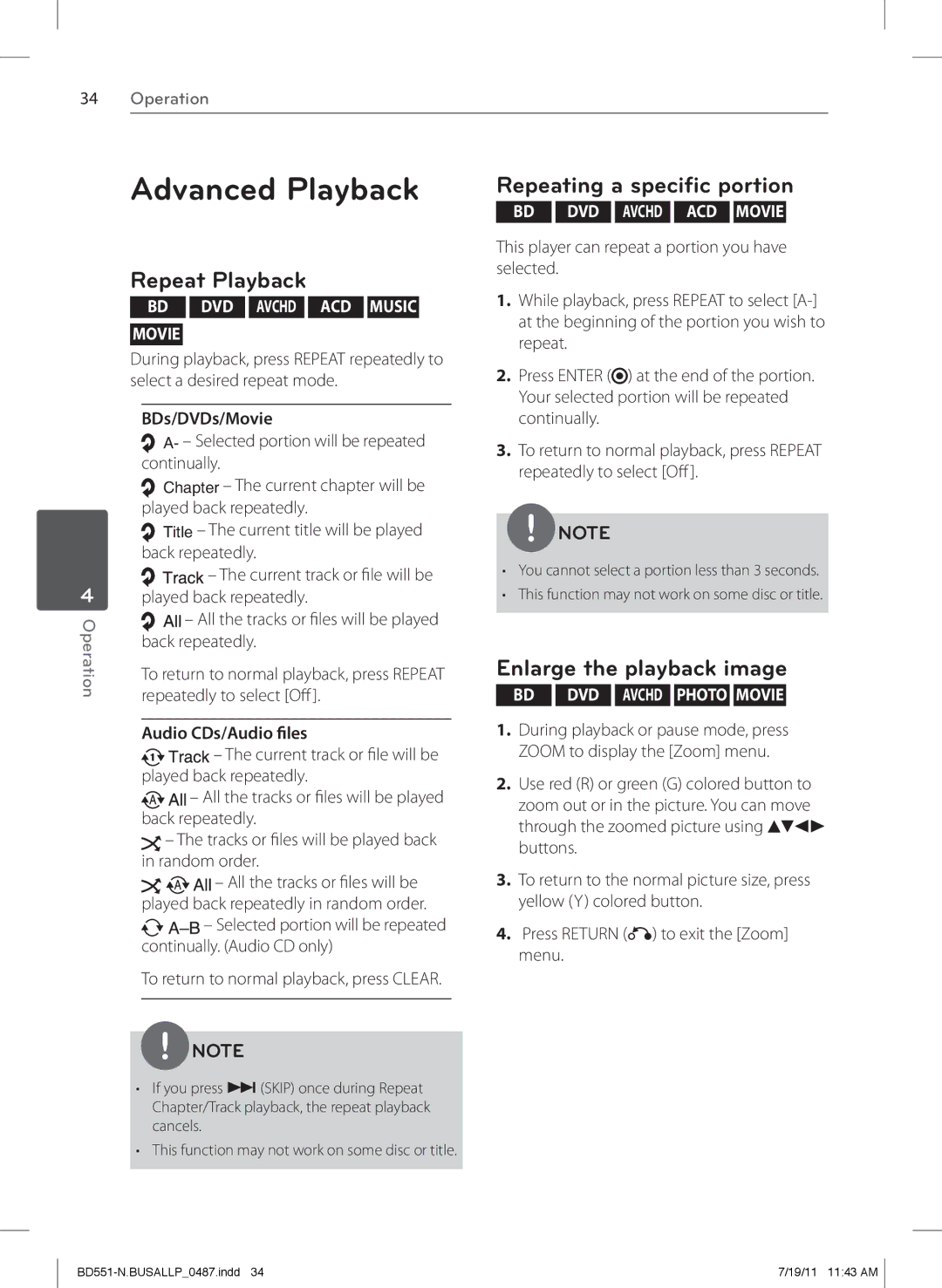 Panasonic BD611 owner manual Advanced Playback, Repeat Playback, Repeating a specific portion, Enlarge the playback image 