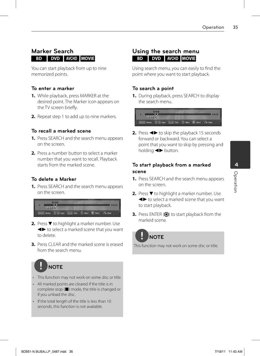 Panasonic BD611 owner manual To enter a marker, To search a point, To recall a marked scene, To delete a Marker 