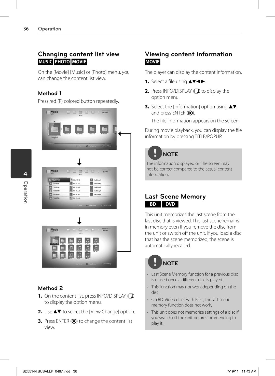 Panasonic BD611 owner manual Changing content list view, Viewing content information, Last Scene Memory, Method 