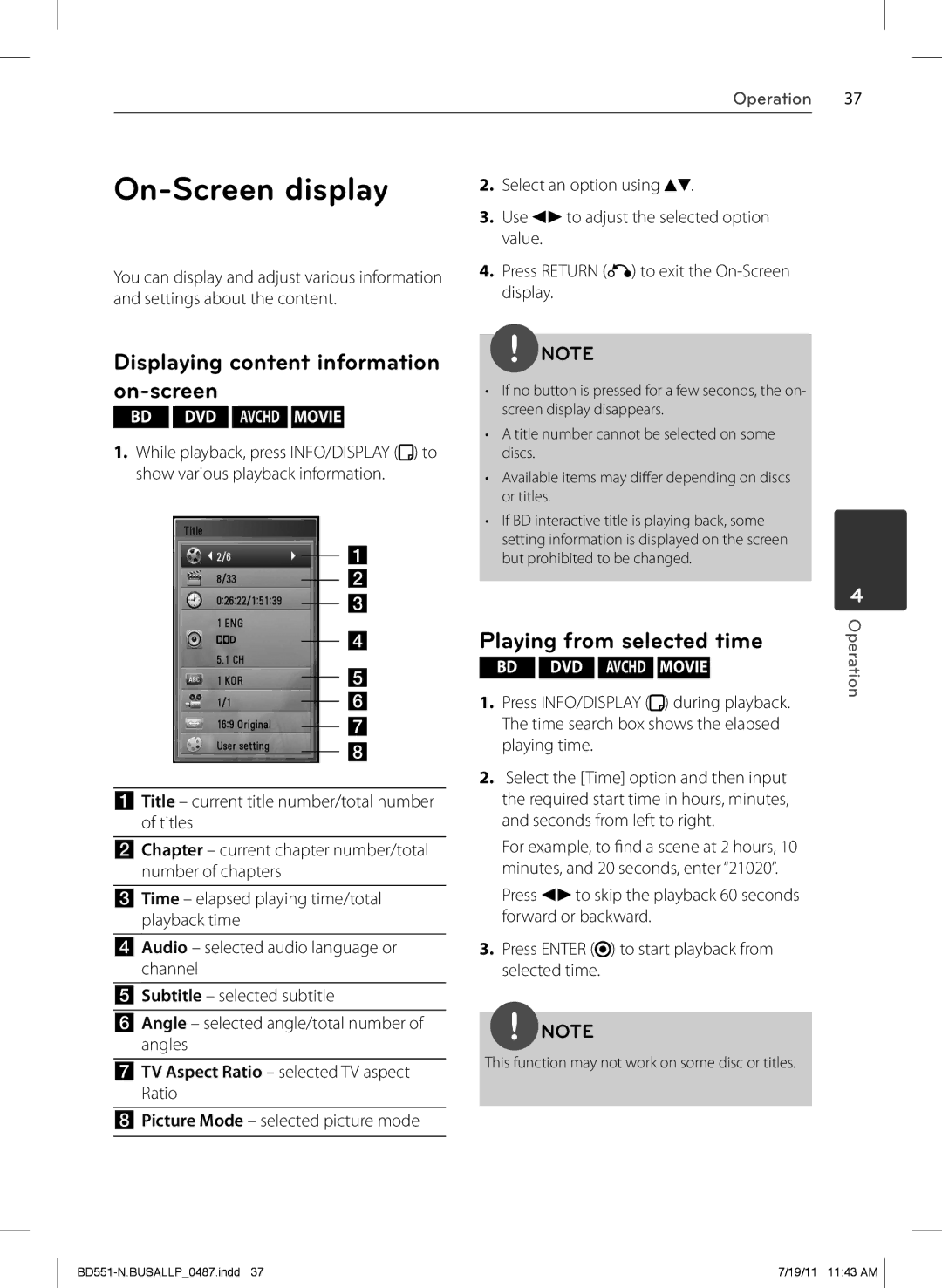 Panasonic BD611 owner manual On-Screen display, Displaying content information on-screen, Playing from selected time 