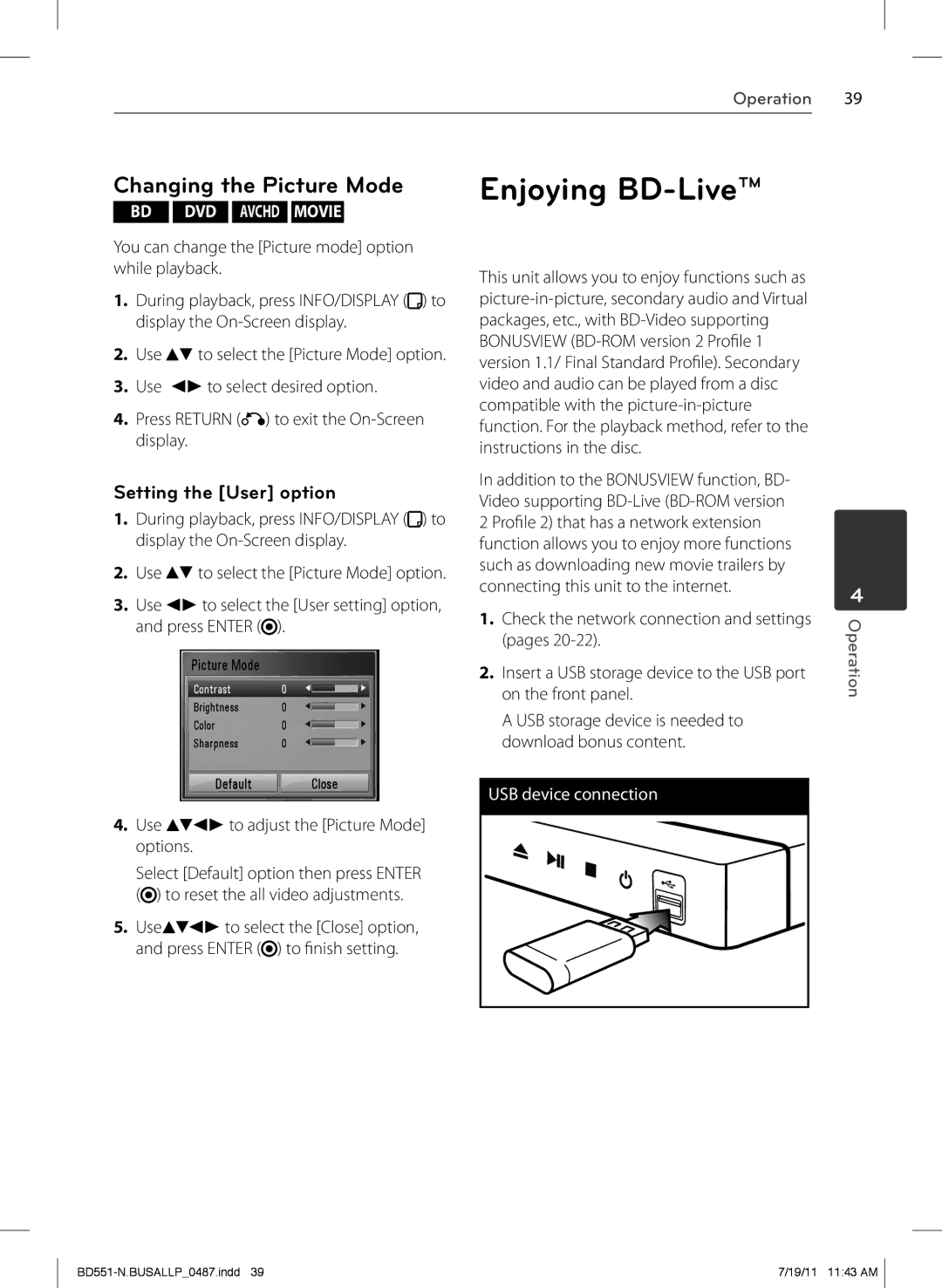 Panasonic BD611 owner manual Enjoying BD-Live, Changing the Picture Mode, Setting the User option 