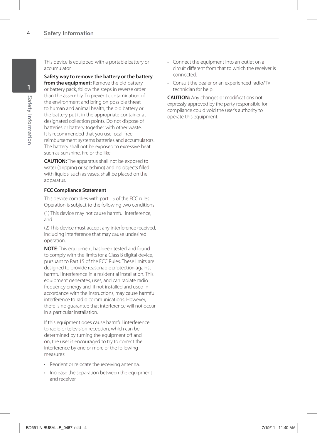 Panasonic BD611 owner manual FCC Compliance Statement 