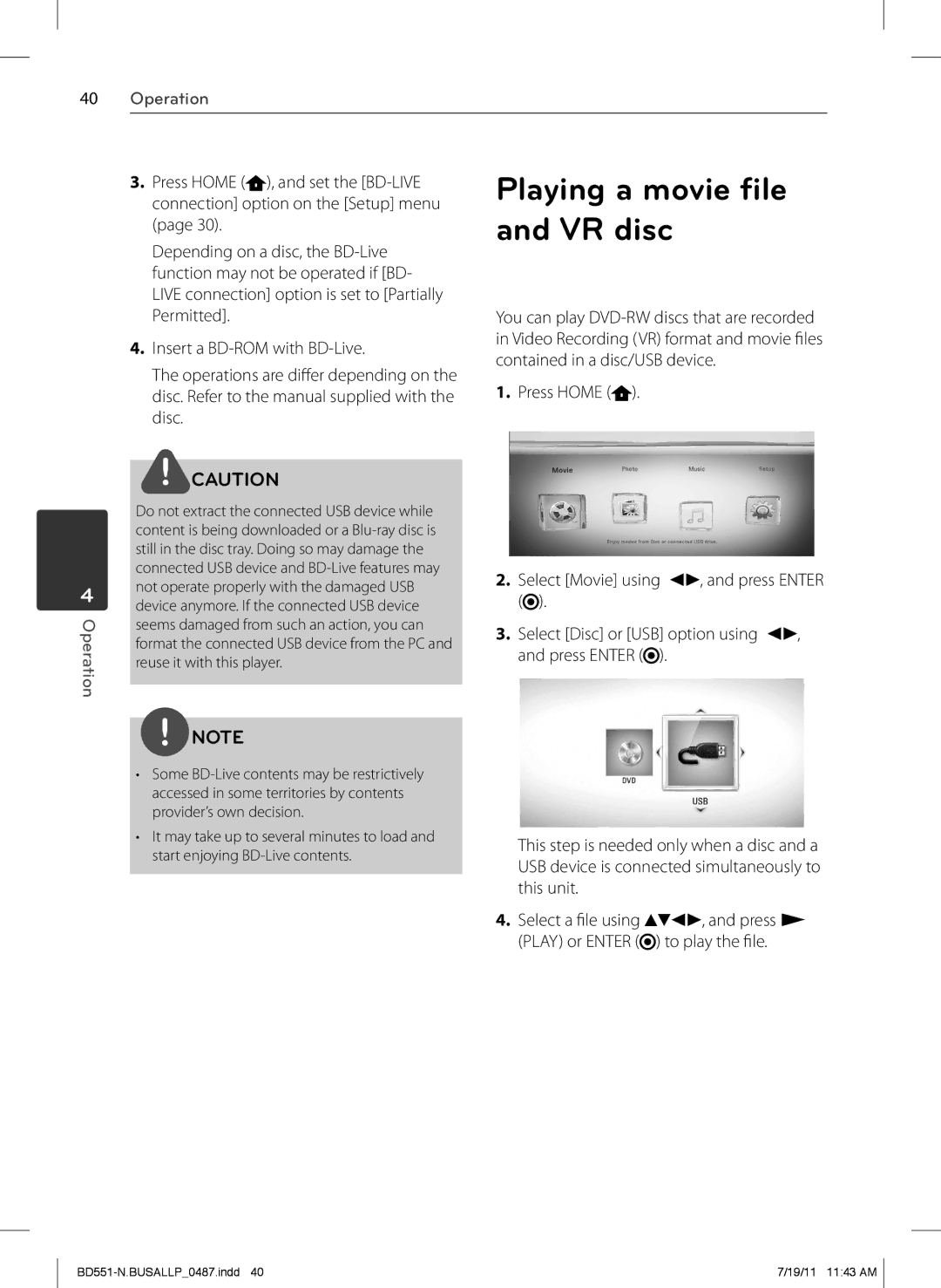 Panasonic BD611 owner manual Playing a movie file and VR disc, Press Home 