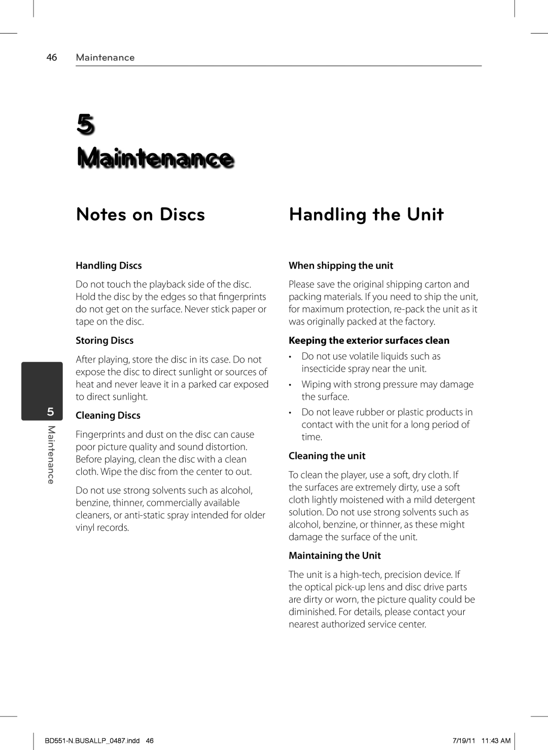 Panasonic BD611 Handling Discs, Storing Discs, Cleaning Discs, When shipping the unit, Keeping the exterior surfaces clean 