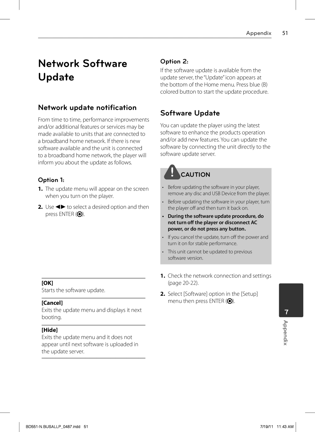 Panasonic BD611 owner manual Network Software Update, Network update notification, Option 