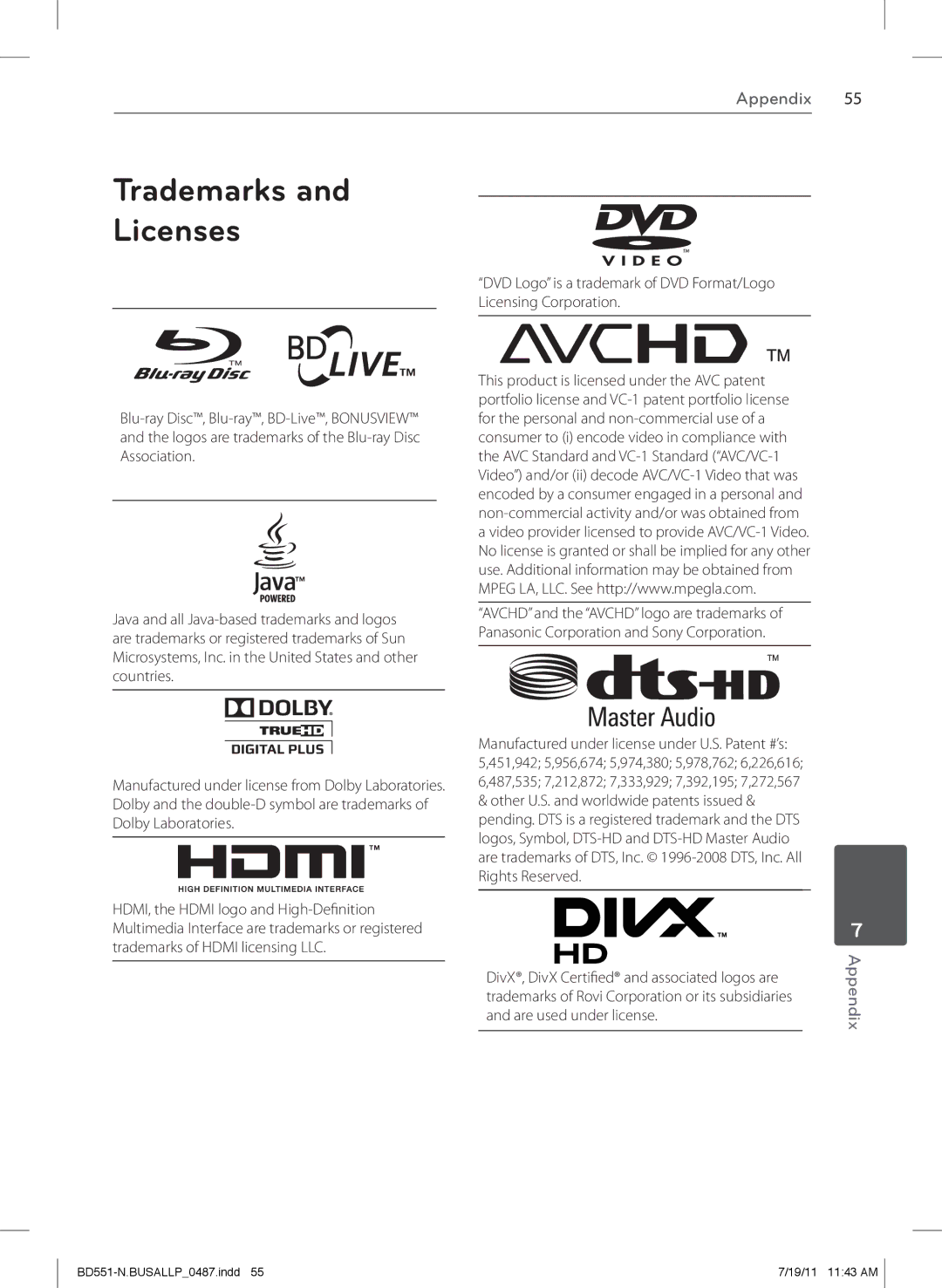 Panasonic BD611 owner manual Trademarks Licenses 