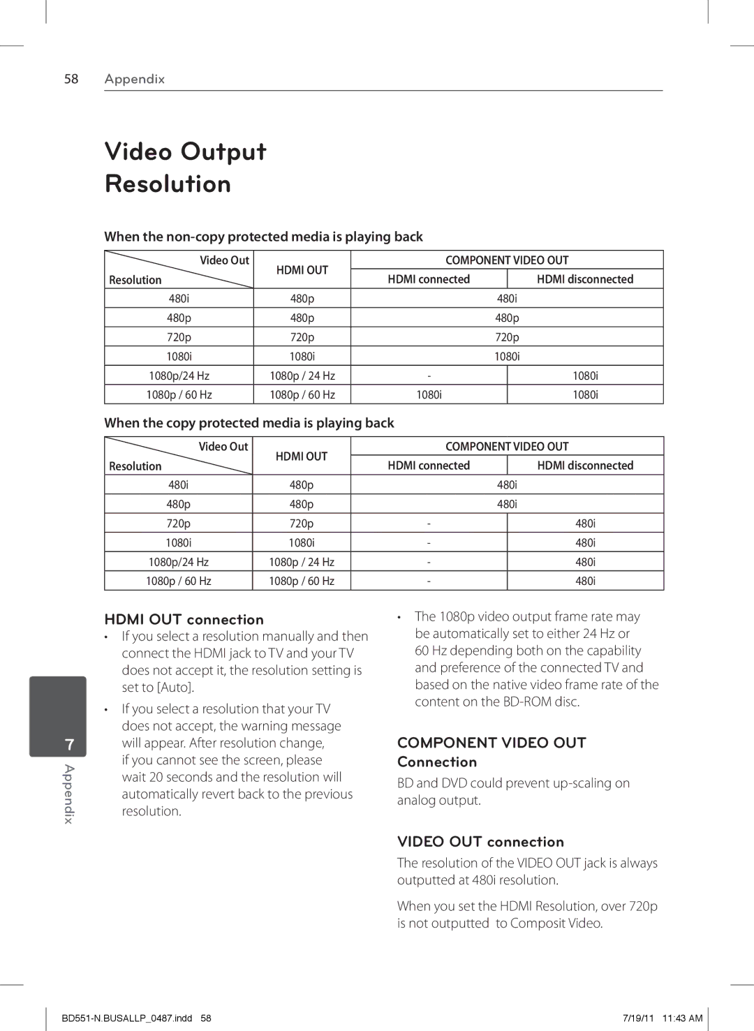 Panasonic BD611 owner manual Video Output Resolution, Hdmi OUT connection, Connection, Video OUT connection 