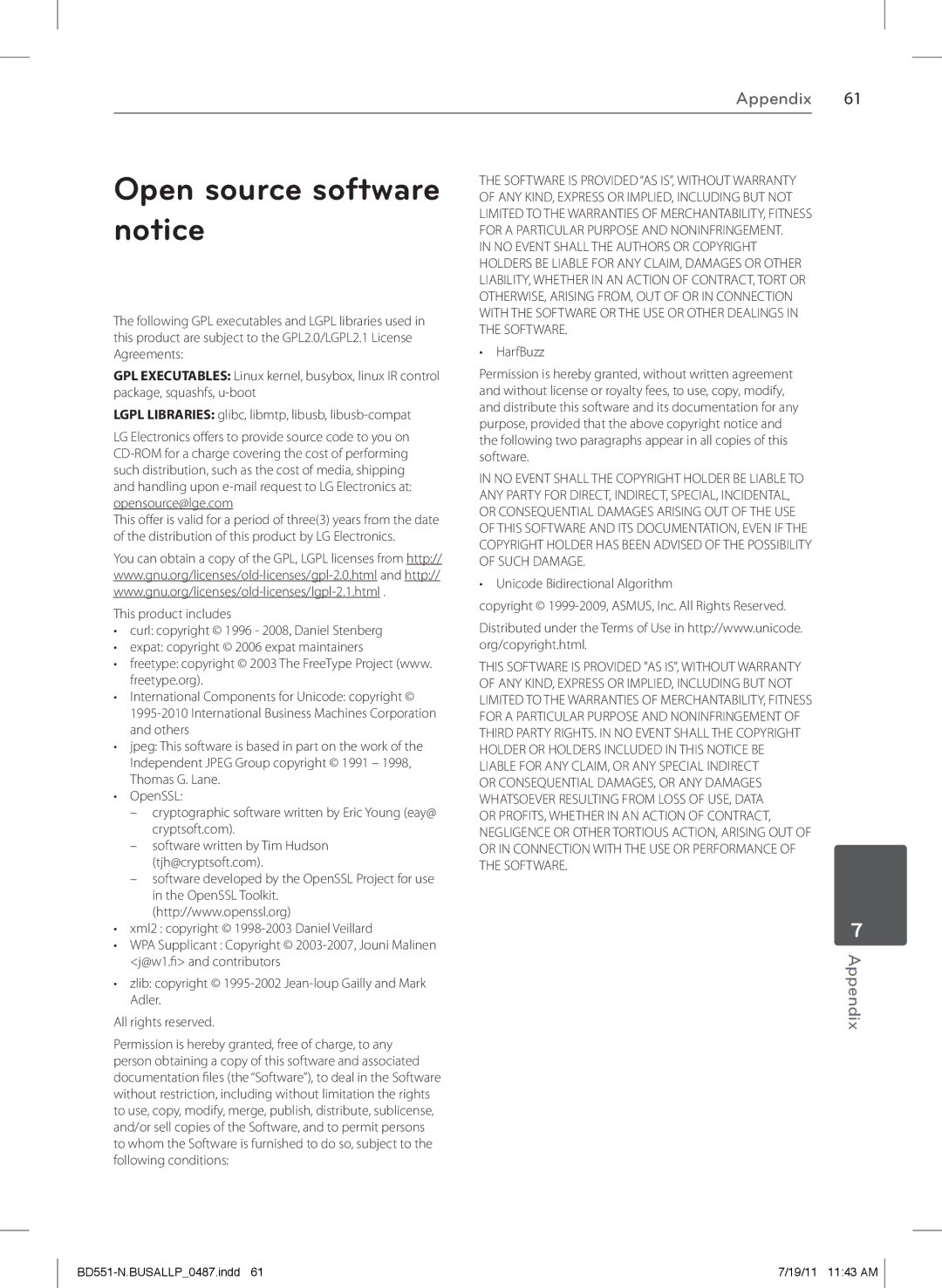 Panasonic BD611 owner manual Open source software, Software 