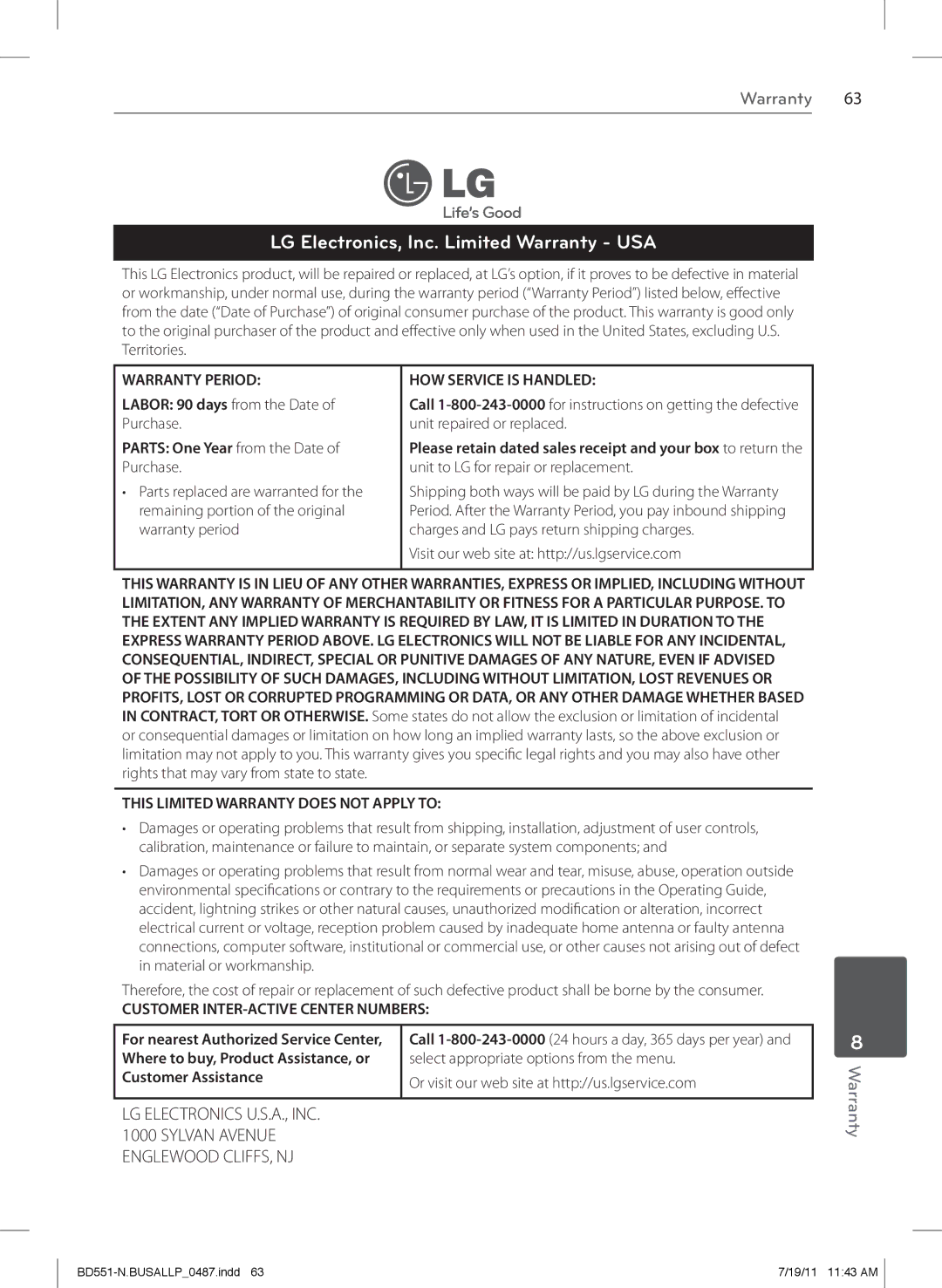 Panasonic BD611 owner manual LG Electronics, Inc. Limited Warranty USA 