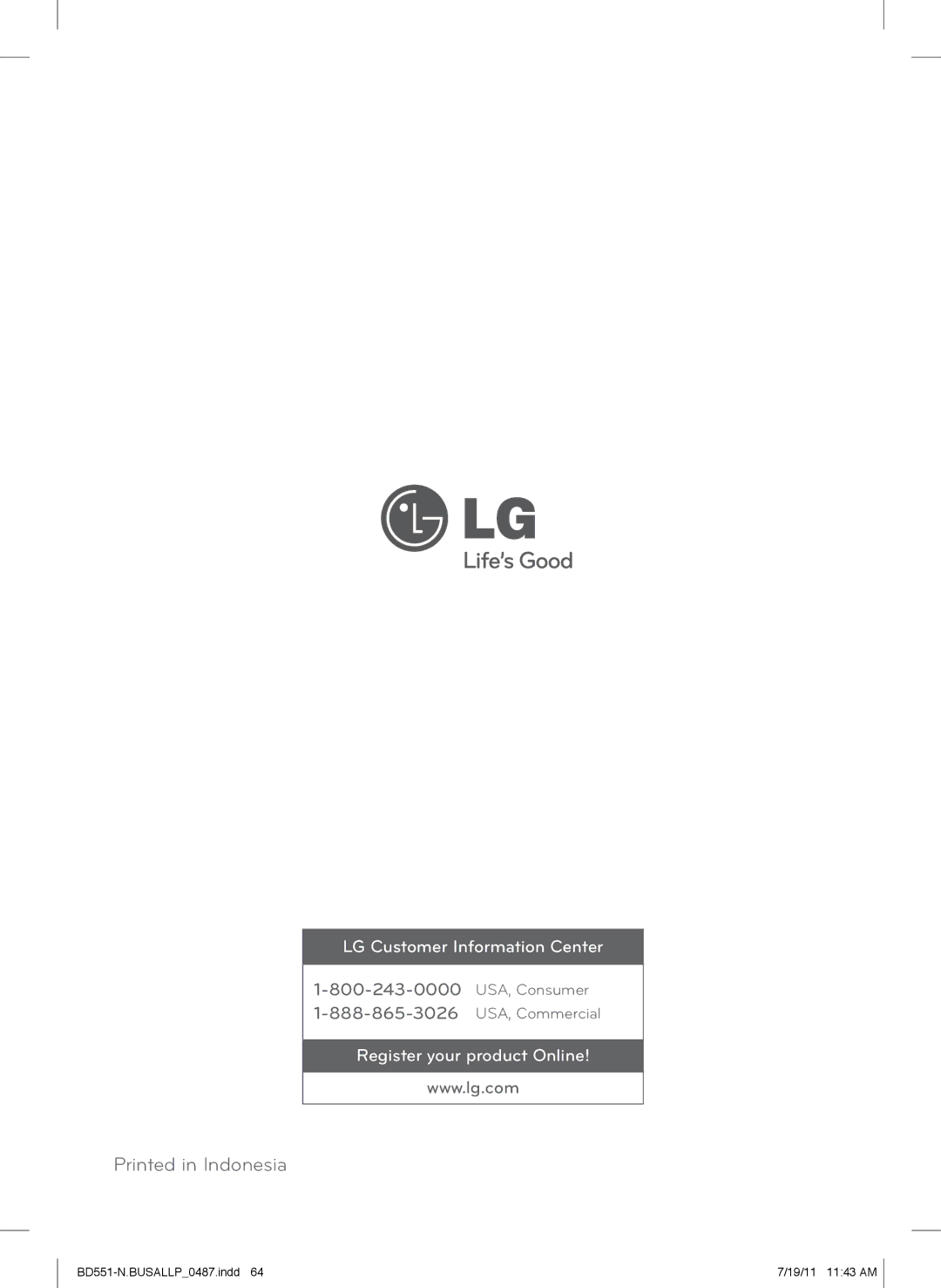 Panasonic BD611 owner manual LG Customer Information Center Register your product Online 