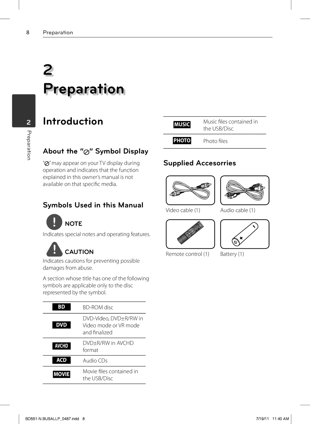 Panasonic BD611 owner manual Introduction, Symbols Used in this Manual, Supplied Accesorries 