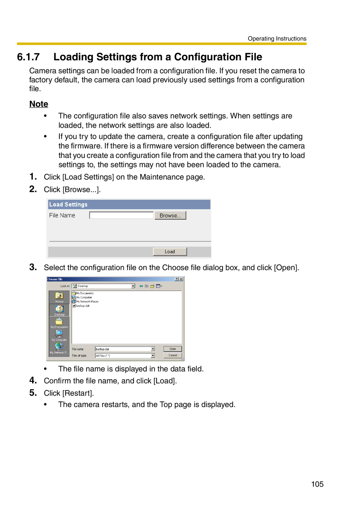 Panasonic BL-C1 operating instructions Loading Settings from a Configuration File 