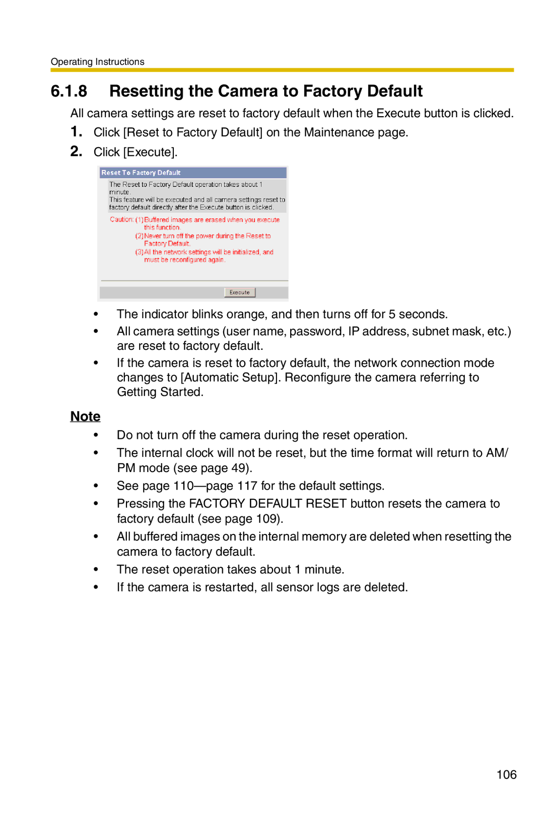 Panasonic BL-C1 operating instructions Resetting the Camera to Factory Default 