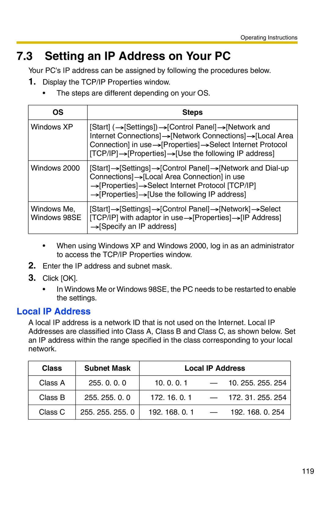 Panasonic BL-C1 operating instructions Setting an IP Address on Your PC, Steps, Class Subnet Mask Local IP Address 